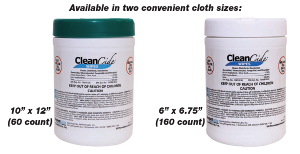 Warehouse Featured Item – CleanCide Germicidal Detergent Wipes. $27.99 per canister. Two Sizes – Same Price!